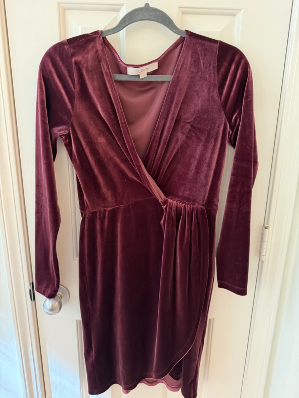 LOFT Velvet Faux-Wrap Long Sleeve Dress in Wine